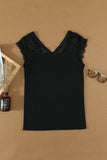Black V Neck Eyelash Lace Knit Tank for Women LC253399-2