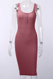 Red Sleeveless Tank Dress Buttons Ribbed Knit Bodycon Midi Dress LC224949-3