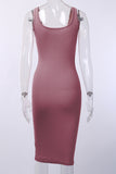 Red Sleeveless Tank Dress Buttons Ribbed Knit Bodycon Midi Dress LC224949-3