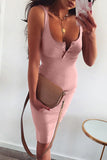 Pink Sleeveless Tank Dress Buttons Ribbed Knit Bodycon Midi Dress LC224949-10