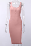 Pink Sleeveless Tank Dress Buttons Ribbed Knit Bodycon Midi Dress LC224949-10