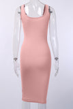 Pink Sleeveless Tank Dress Buttons Ribbed Knit Bodycon Midi Dress LC224949-10