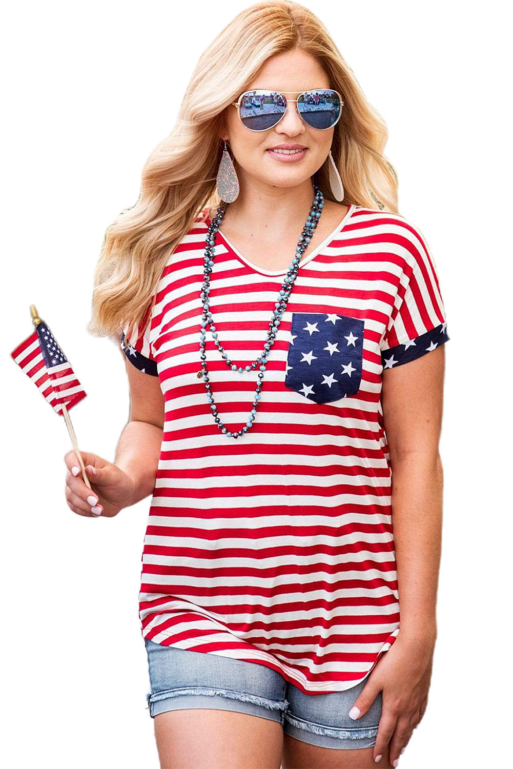 Red National Day Flag Print Tee Shirt for Women American Flag Tee Shirts LC2526077-3