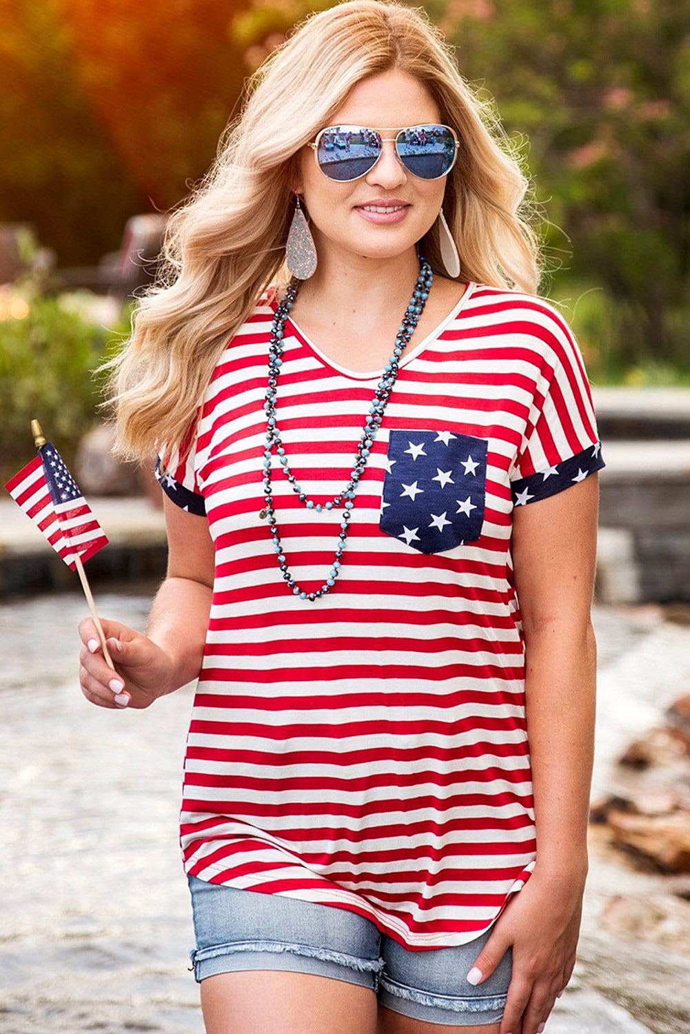 Red National Day Flag Print Tee Shirt for Women American Flag Tee Shirts LC2526077-3