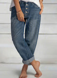 Blue Women's Jeans Mid Waist Solid Straight Button-up Jeans LC781879-5