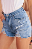 Blue High Rise Destroyed Denim Shorts Summer Frayed Raw Jeans Shorts LC78839-5