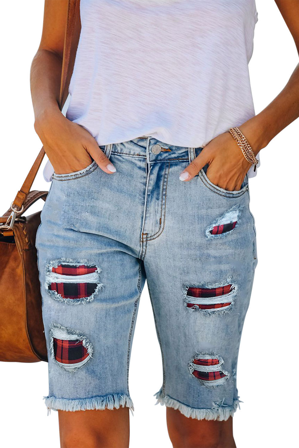 Red Mid Rise Ripped Destroyed Patches Bermuda Shorts Jeans LC781578-3