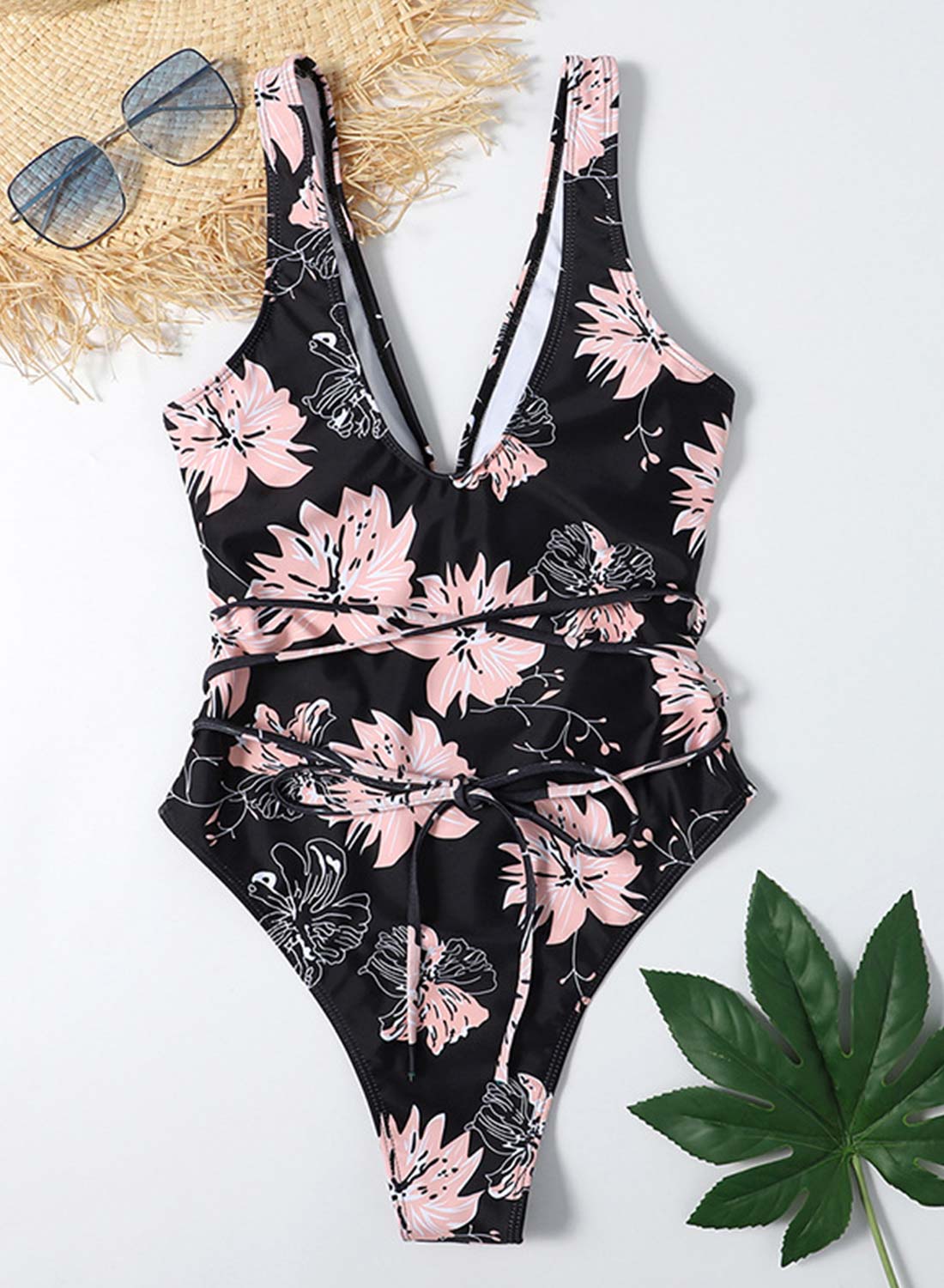Black Women's Swimsuits Floral Strappy Belted Criss Cross One-piece Swimsuits LC441644-2
