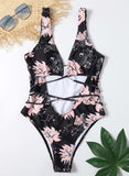 Black Women's Swimsuits Floral Strappy Belted Criss Cross One-piece Swimsuits LC441644-2
