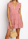 Summer Bohemian Floral Print Ruffle Swing A Line Beach Dress V Neck Mini Dress