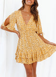 Yellow Women's Dress Floral Ruffle Layered Open-back Mini Dress LC226550-7
