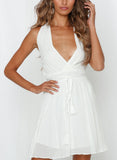 White Women's Dress Solid Belted Halter Blackless Mini Dress LC226555-1