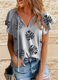 Gray V Neck Short Sleeve Print Floral Blouses Shirts LC2514201-11