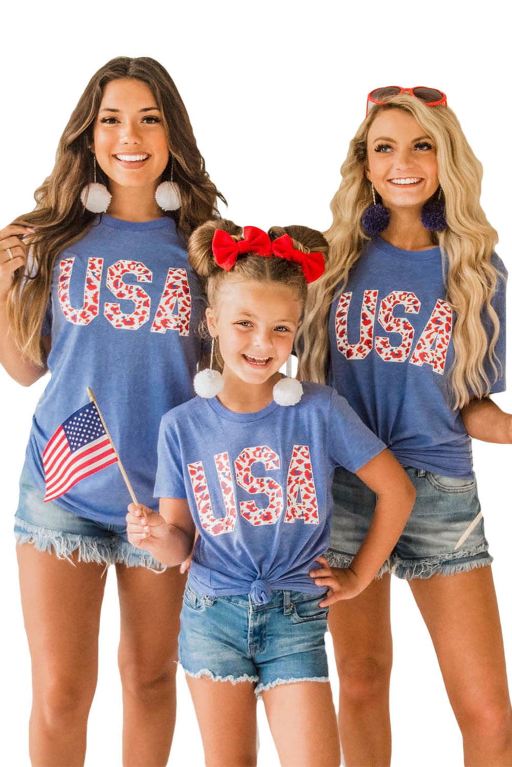 Blue USA Leopard Print Kids T-Shirt Mommy and Me Matching Family Outfits TZ25384-5