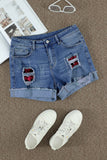 LC78823-3-S, LC78823-3-M, LC78823-3-L, LC78823-3-XL, LC78823-3-2XL, Red Ripped Patchwork Hem Denim Shorts for Women