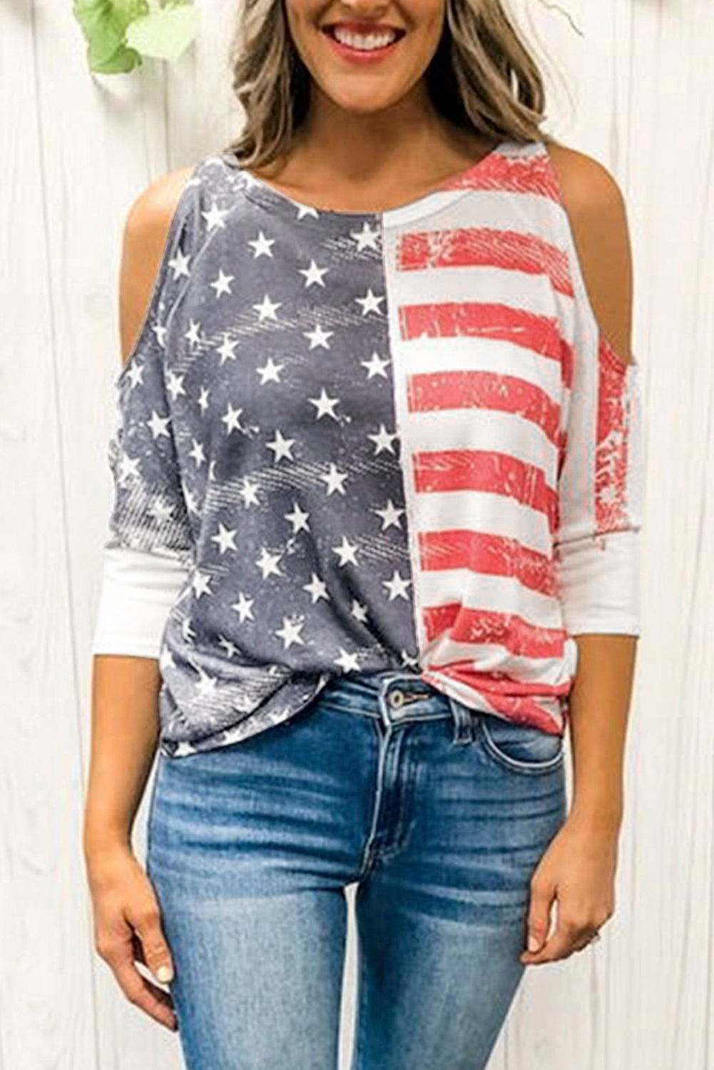 Red Womens Stars and Stripes Cold Shoulder Top LC2517736-3