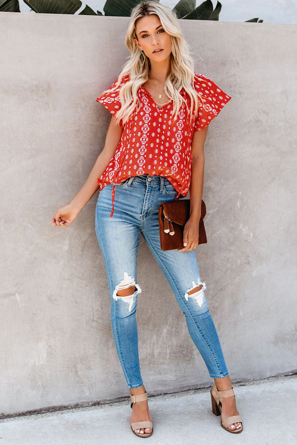 Red V Neck Short Sleeve Print Floral Blouses Shirts LC2514201-3