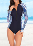 Womens Long Sleeve Rash Guard Tropical Zipper Surfing One Piece Swimsuit Bathing Suit