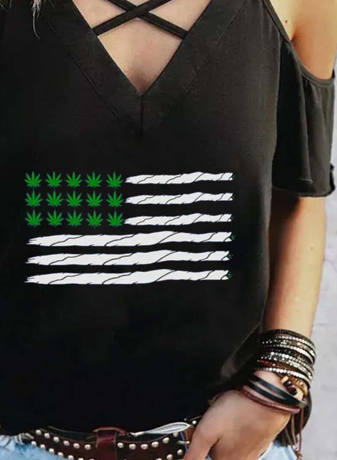 Black Women's T-shirts Flag Leaf Print Criss Cross Cold Shoulder T-shirts LC2527572-2