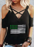 Black Women's T-shirts Flag Leaf Print Criss Cross Cold Shoulder T-shirts LC2527572-2