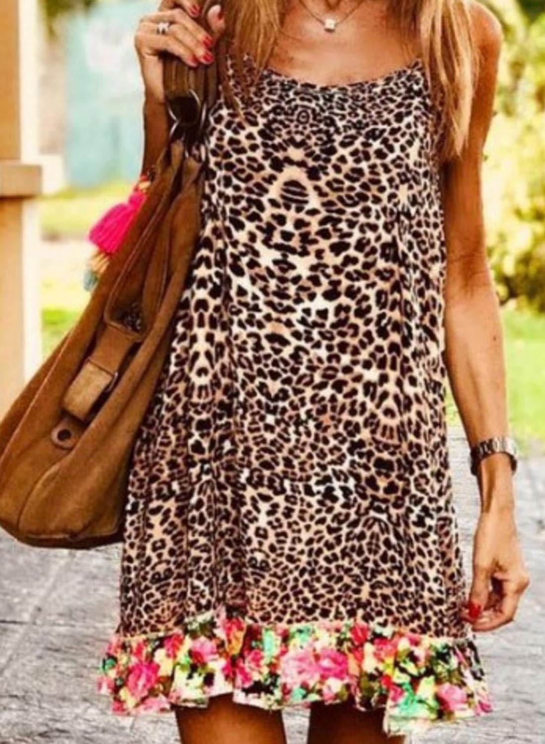 Khaki Women's Mini Dress Floral Leopard Cami Dress LC226845-16