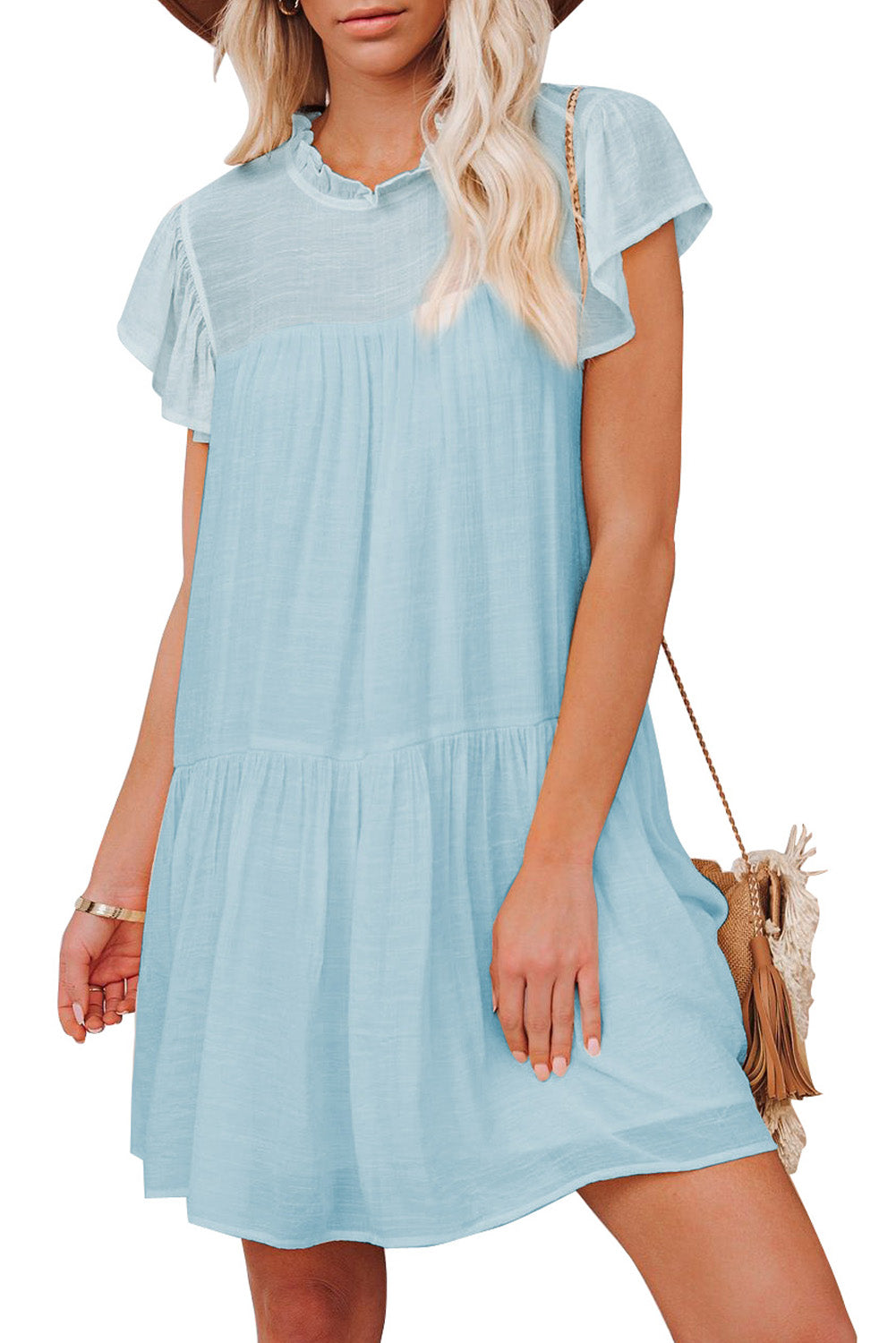 Sky Blue White Dress With Sleeves Frilled Neck Ruffle Swing Mini Dress LC225229-4