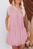 Pink White Dress With Sleeves Frilled Neck Ruffle Swing Mini Dress LC225229-10