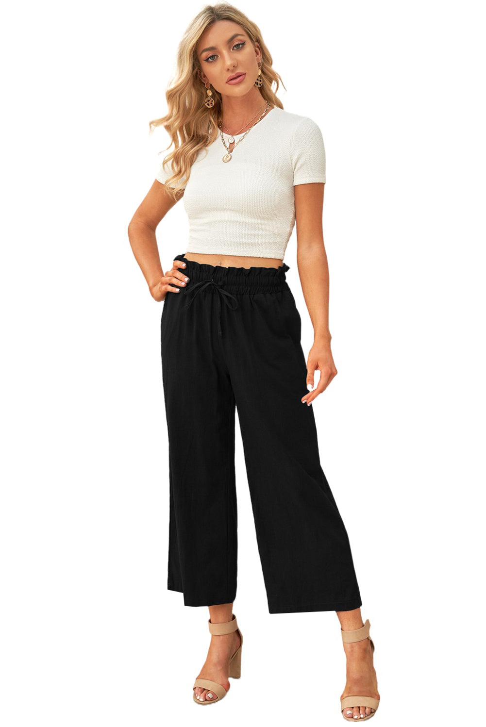 LC771296-2-S, LC771296-2-M, LC771296-2-L, LC771296-2-XL, Black Women's High Waist Paper Bag Straight Leg Cropped Long Pants with Pocket