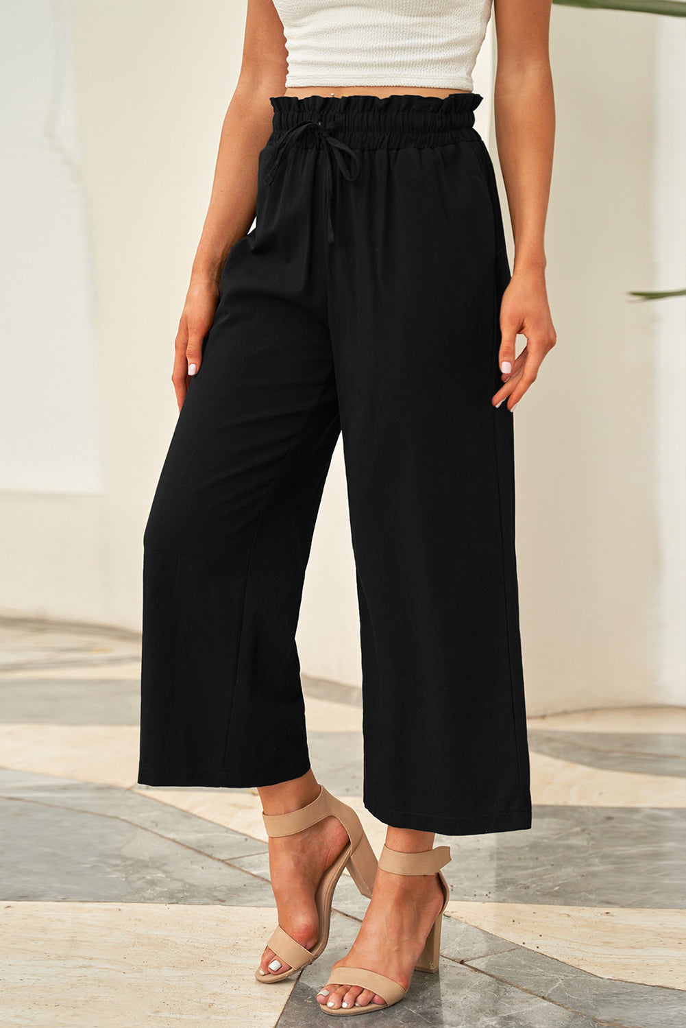 LC771296-2-S, LC771296-2-M, LC771296-2-L, LC771296-2-XL, Black Women's High Waist Paper Bag Straight Leg Cropped Long Pants with Pocket