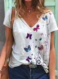 T-shirts pour femmes à col en V et imprimé papillon