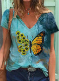 T-shirts à col en V imprimés papillons tie-dye pour femmes