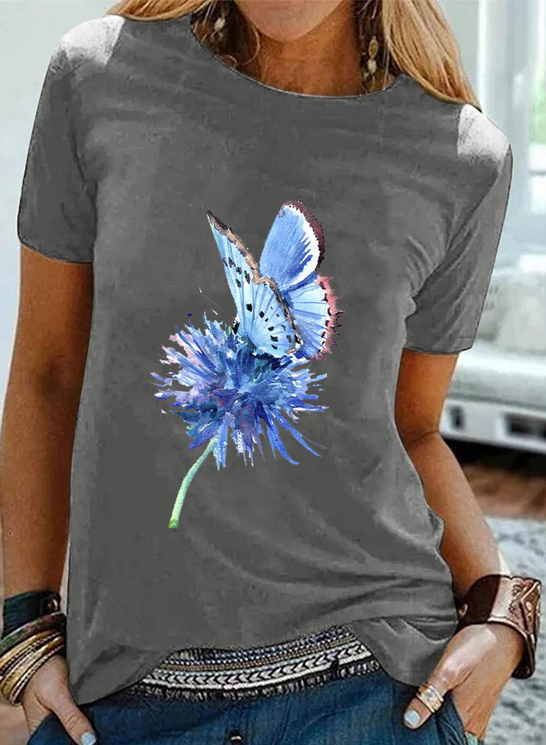 Gray Women's T-shirts Dandelion & Butterfly Print T-shirt LC2527758-11