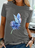T-shirt basique imprimé pissenlit et papillon pour femme