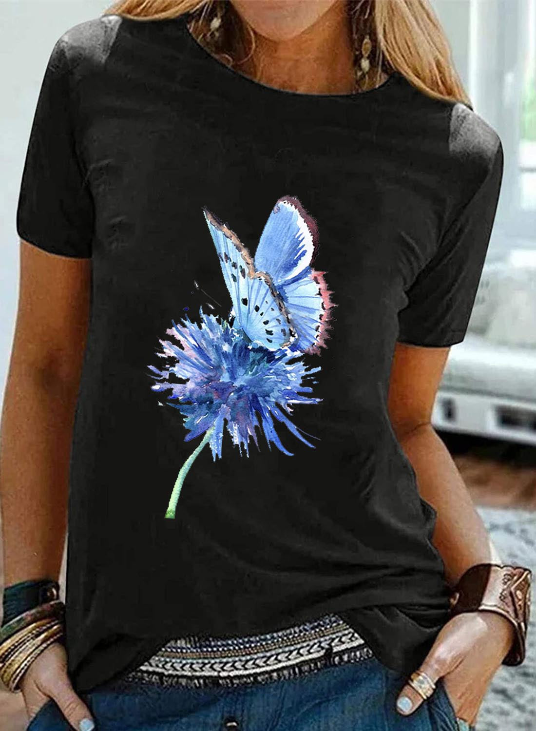 Black Women's T-shirts Dandelion & Butterfly Print T-shirt LC2527758-2