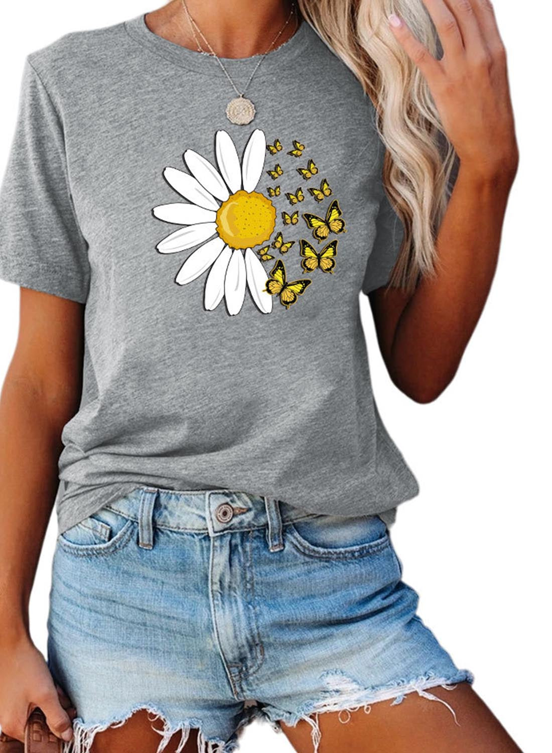 Gray Women's T-shirts Daisy & Butterfly Print T-shirt LC2527760-11