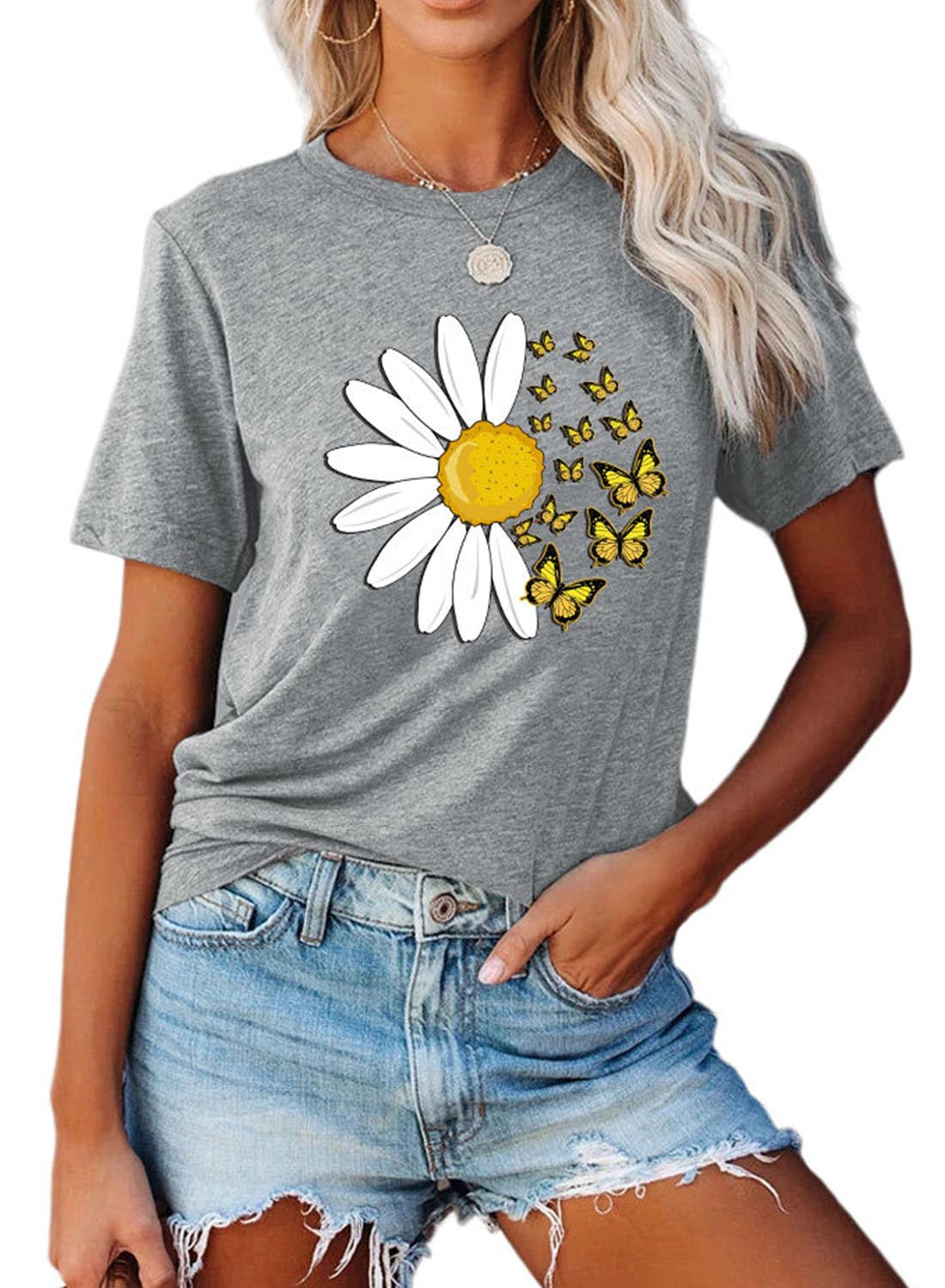 Gray Women's T-shirts Daisy & Butterfly Print T-shirt LC2527760-11