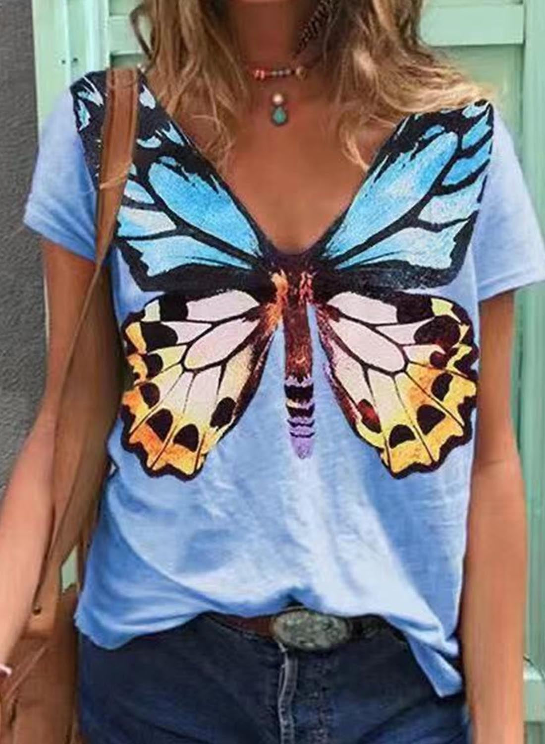 Sky Blue Women's T-shirts Butterfly Print T-shirt LC2527767-4
