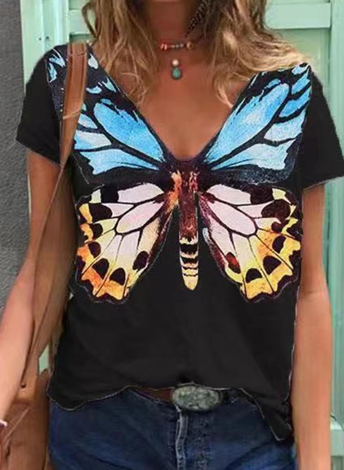 Black Women's T-shirts Butterfly Print T-shirt LC2527767-2