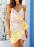 Yellow Women's Dresses Tiedye Cami Belted Split Irregular Hem Mini Dress LC227041-7