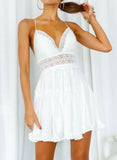 White Women's Mini Dress Solid Ruched Hem Lace Open-back Dress LC227052-1