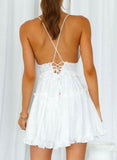 White Women's Mini Dress Solid Ruched Hem Lace Open-back Dress LC227052-1