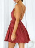 Red Women's Mini Dress Solid Ruched Hem Lace Open-back Dress LC227052-3