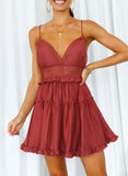 Red Women's Mini Dress Solid Ruched Hem Lace Open-back Dress LC227052-3