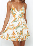 Womens Summer Floral Wrap V Neck Ruffled Casual Cami Mini Dress