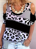 Multicolor Women's T-shirts Leopard Print Patchwork Cold Shoulder T-shirt LC2527938-22