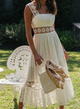 White Women's Dresses Lace Ruffled Cut-out Maxi Dress LC615491-1