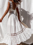 White Women's Dresses Lace Ruffled Cut-out Maxi Dress LC615491-1