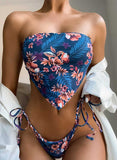 Blue Women's Bikinis Strapless Fruits & Plants Tied Side Bikini LC432495-5