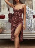 Red Women's Dresses Floral Cami Split Hem Midi Dress LC615709-3