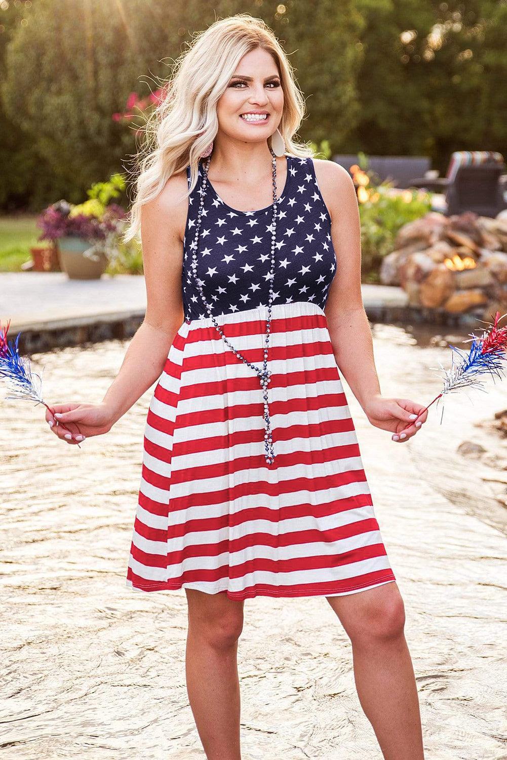 Blue Plus Size American Flag Stars Stripes Tank Dress for Women LC614398-5